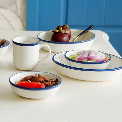 欧式蓝边陶瓷餐具套装杯子椭圆烤盘鱼盘地中海风格餐具批发特价